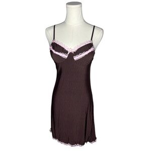 Y2K Jolie Intimates Chocolate Brown Pink Pinstripe Lace Trim Mini Slip Dress